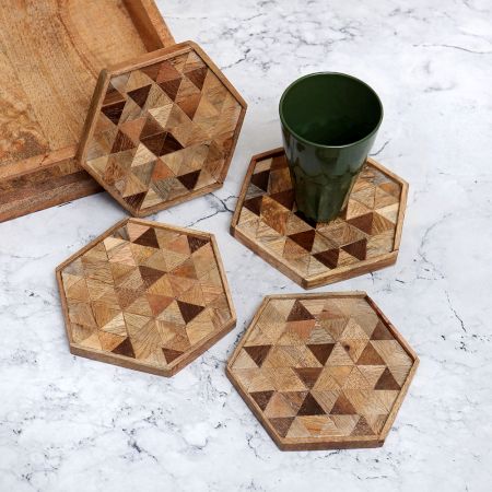 Hexagon Wooden Coasters for Home Decor - Pack of 4